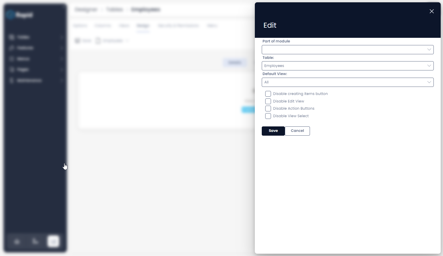 A screenshot demonstrating what the side panel looks like. For example, this sidepanel has the title &quot;Edit&quot;, and several fields including &quot;Part of Module&quot;, &quot;Table&quot;, &quot;Default View&quot;, and several checkboxes which will be discussed in more detail in the next section.